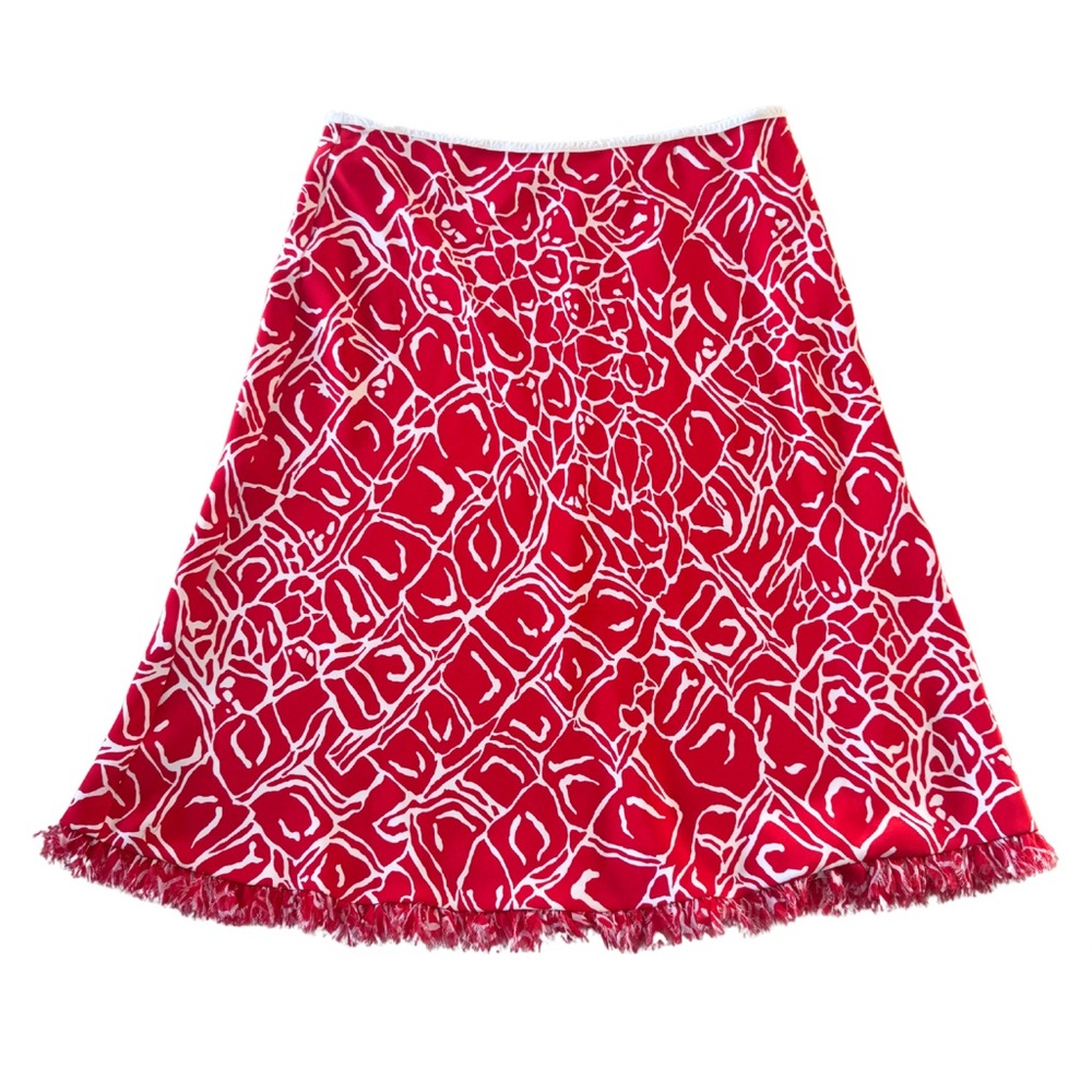 Escada Red And White Silk Midi Skirt